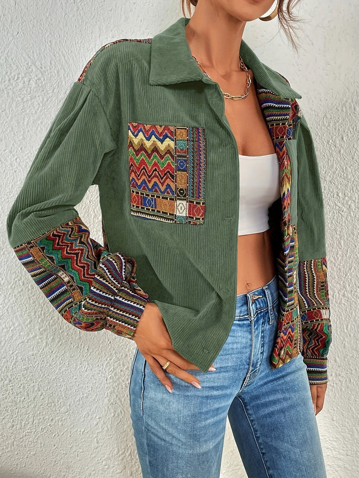 Amelina - Veste Boutonnée en Velours Côtelé Patchwork Style Bohème