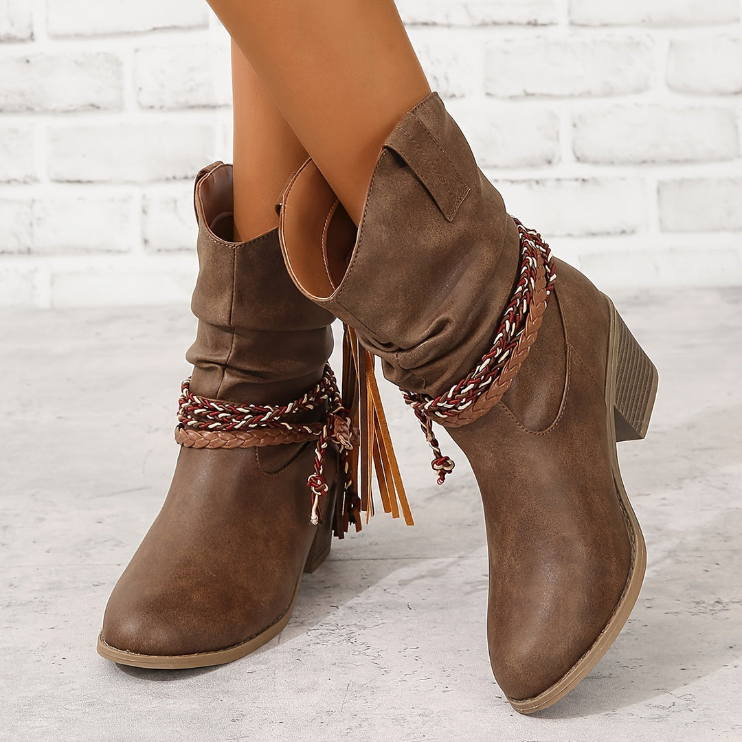 Asenath - Elegant Rope Chunky Heel Boots