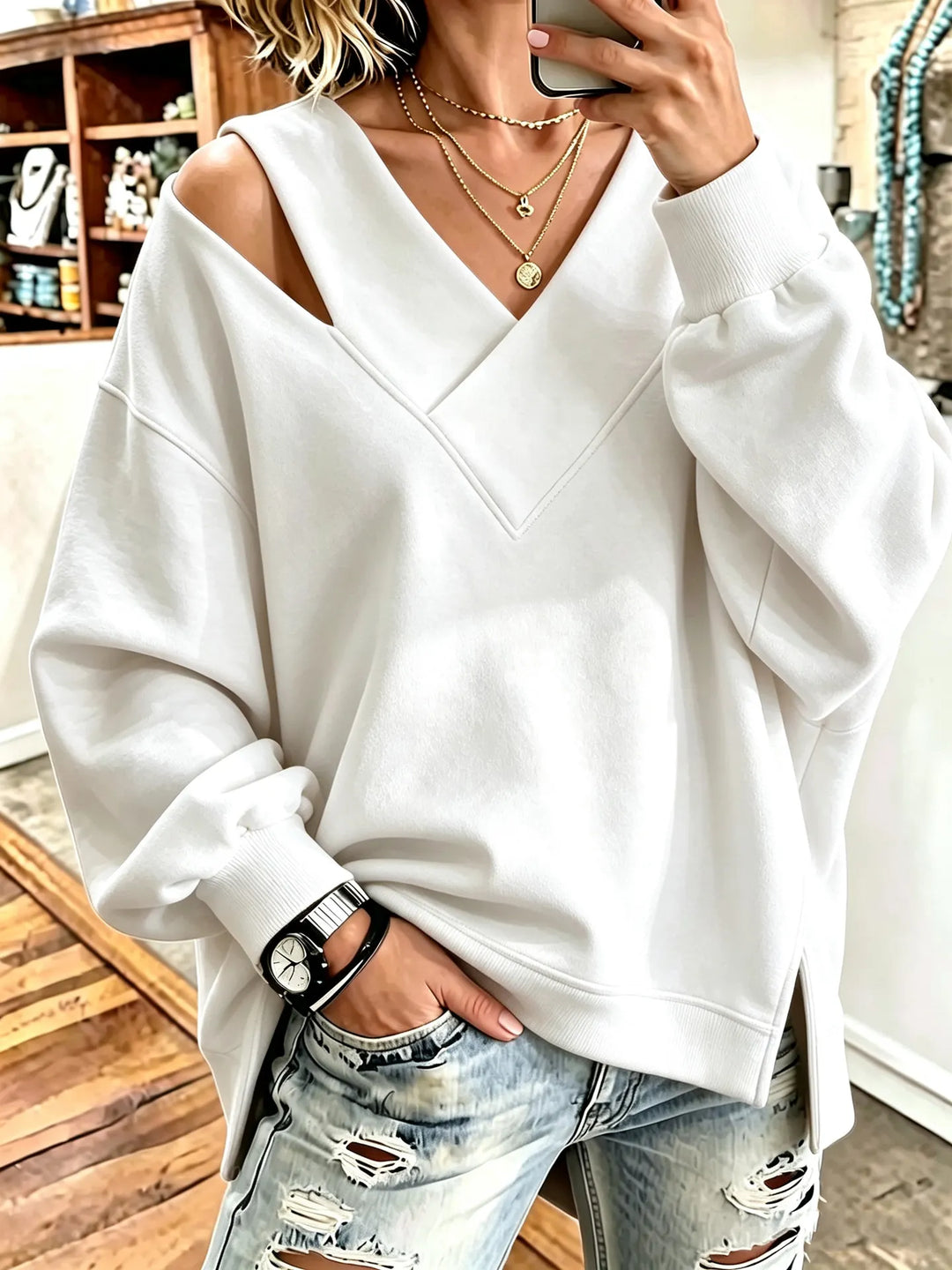 Kirstan - Sweat Oversize Chic à Encolure en V Ajourée