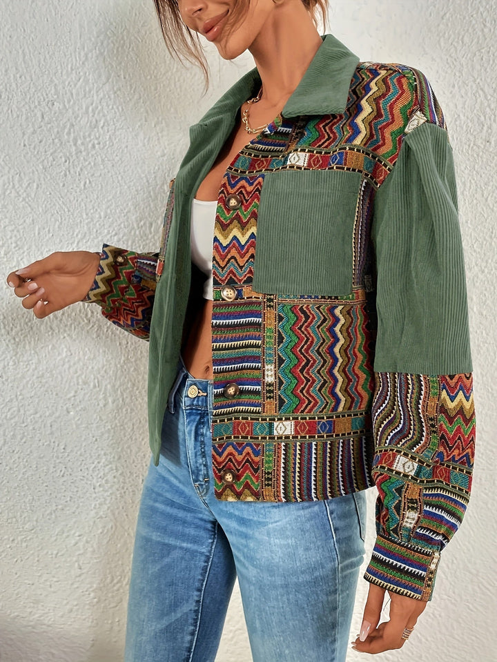 Amelina - Veste Boutonnée en Velours Côtelé Patchwork Style Bohème