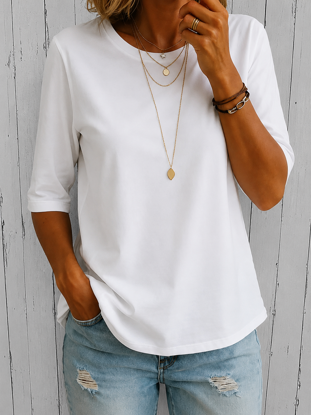 Arisa - T-Shirt à Col Rond et Manches Trois Quarts
