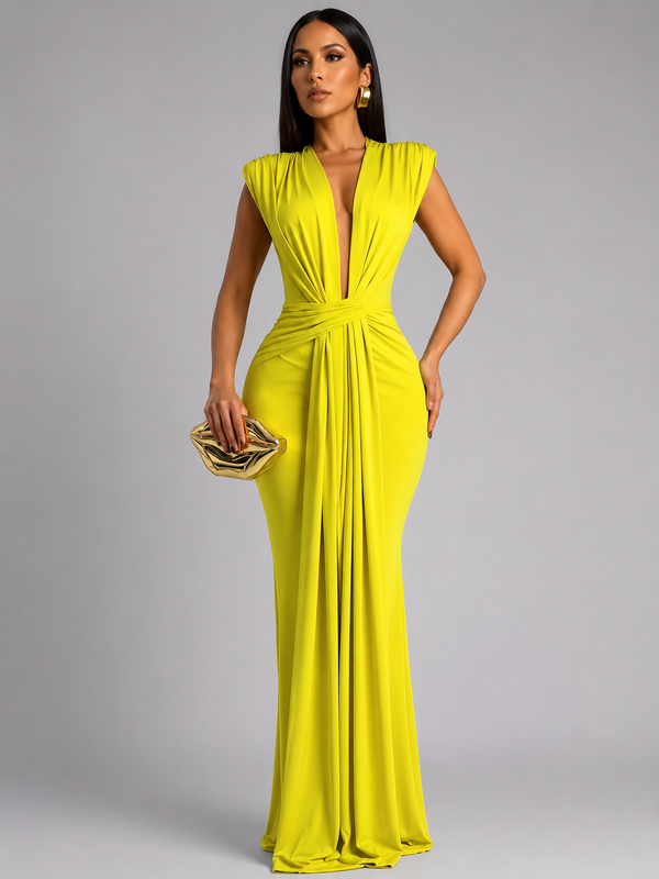 Femke - Robe Longue à Col en V et Fronces
