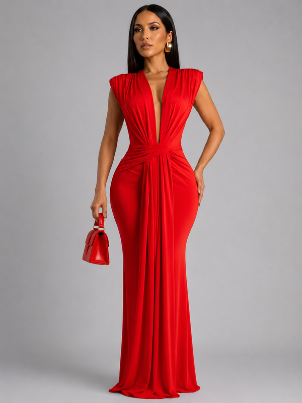 Femke - Robe Longue à Col en V et Fronces