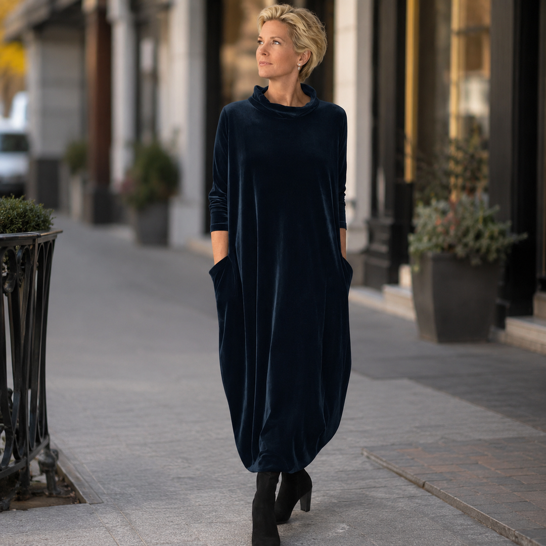 Lellina - Robe Longue Ample À Col Montant en Velours