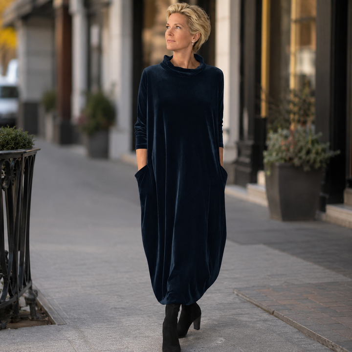 Lellina - Robe Longue Ample À Col Montant en Velours