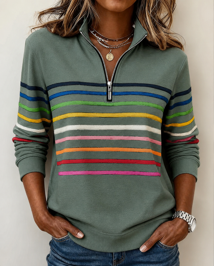 Josyna - Sweat-Shirt Rayé à Quart de Zip
