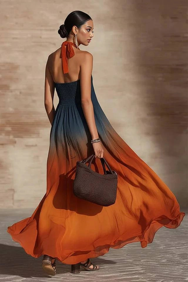 Naeela - Robe Longue à Encolure Dos nu/en V et Efet Ombré