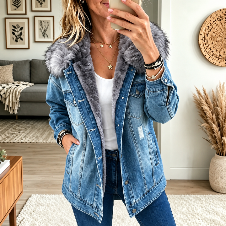 Milene - Veste en Jean À Col en Fourrure