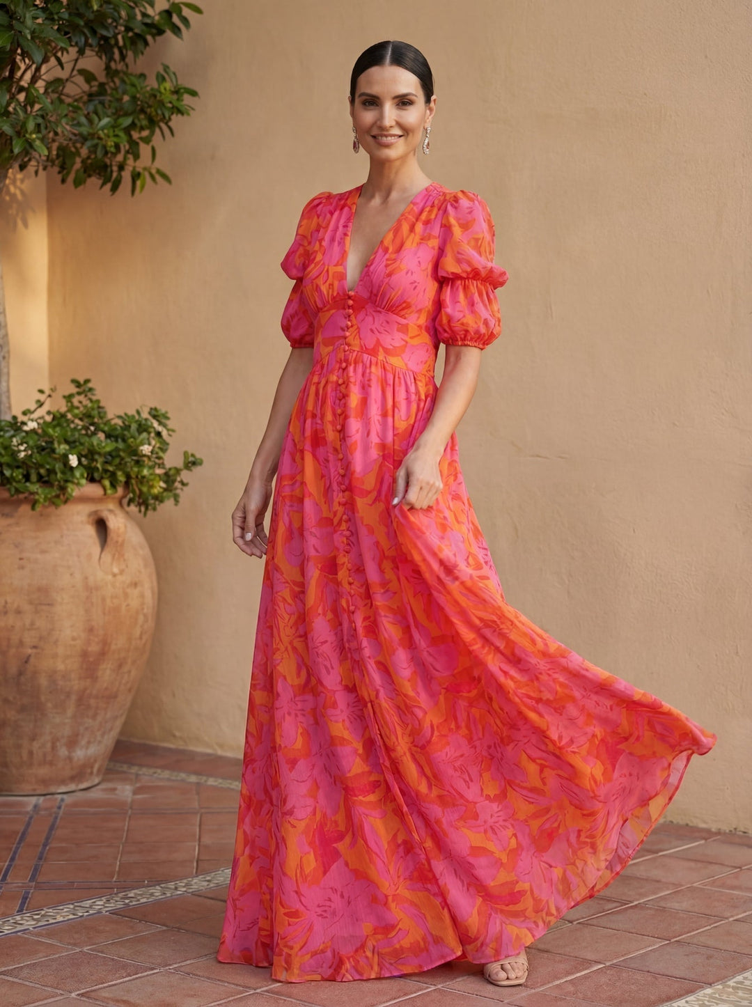 Zinnia - Robe Longue À Motif Floral Et Encolure en V