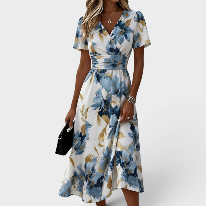 Elinza - Robe Portefeuille Mi-Longue à Motifs Floraux