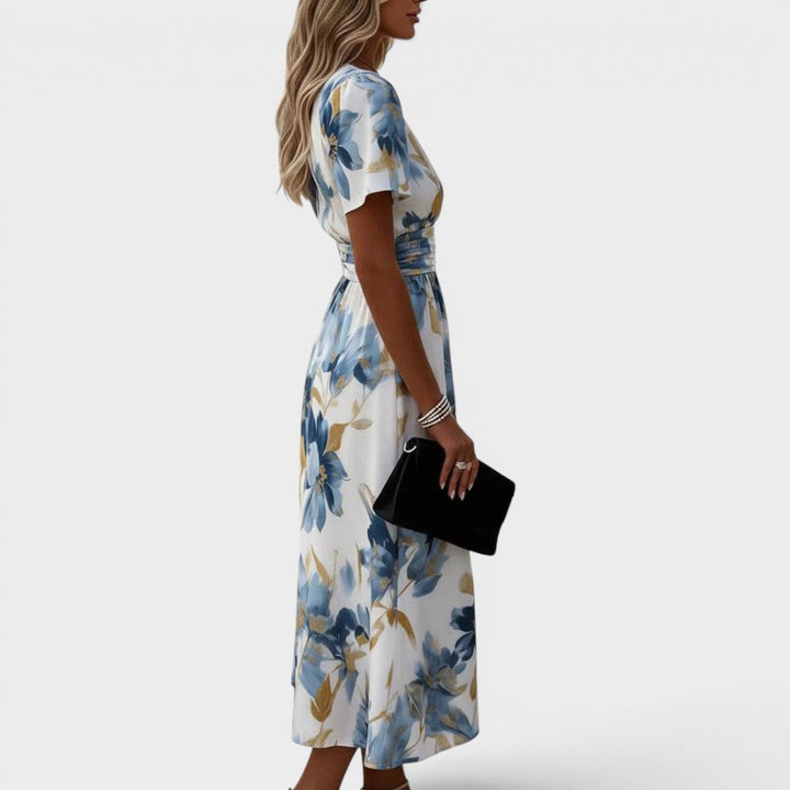 Elinza - Robe Portefeuille Mi-Longue à Motifs Floraux