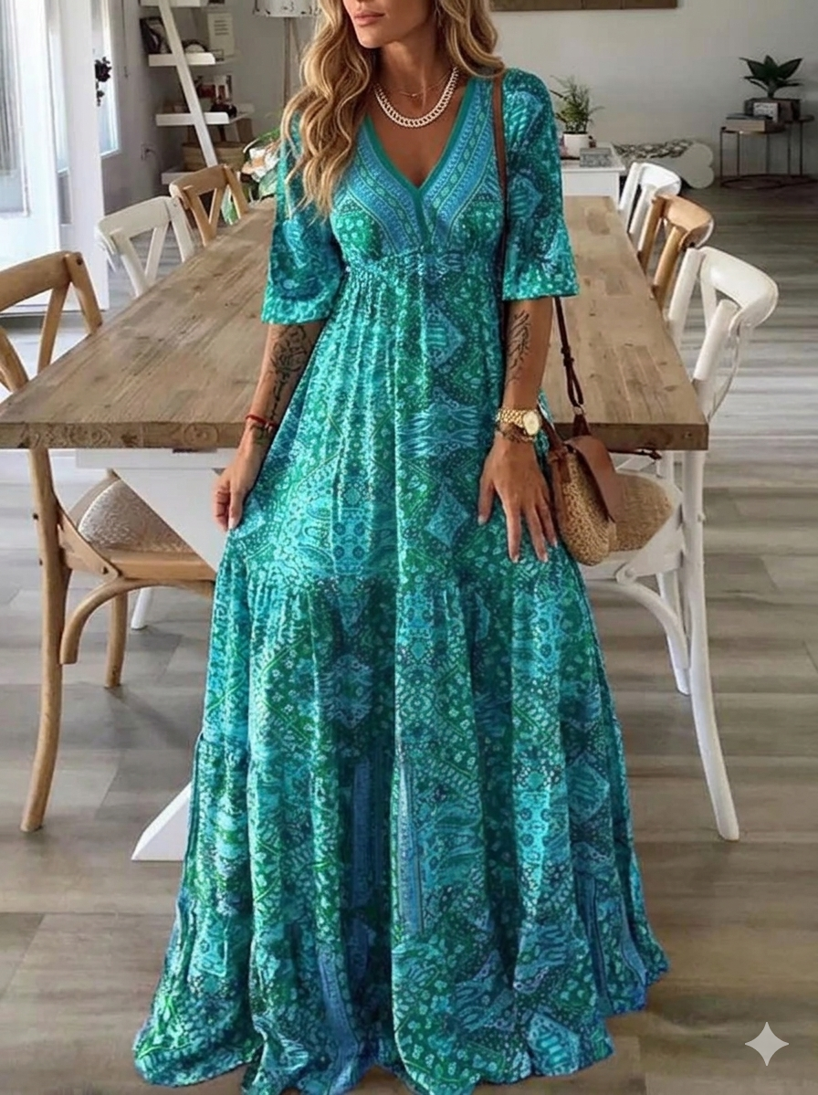 Bettie - Robe Longue À Manches Courtes Et Motif Bohème