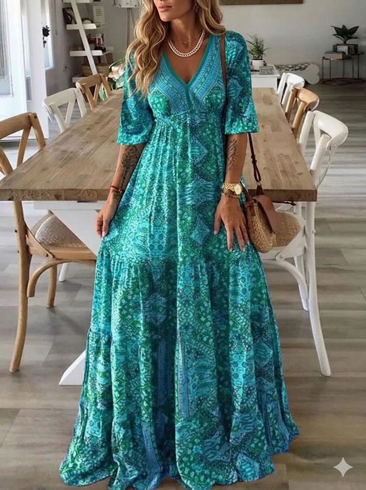 Bettie - Robe Longue À Manches Courtes Et Motif Bohème