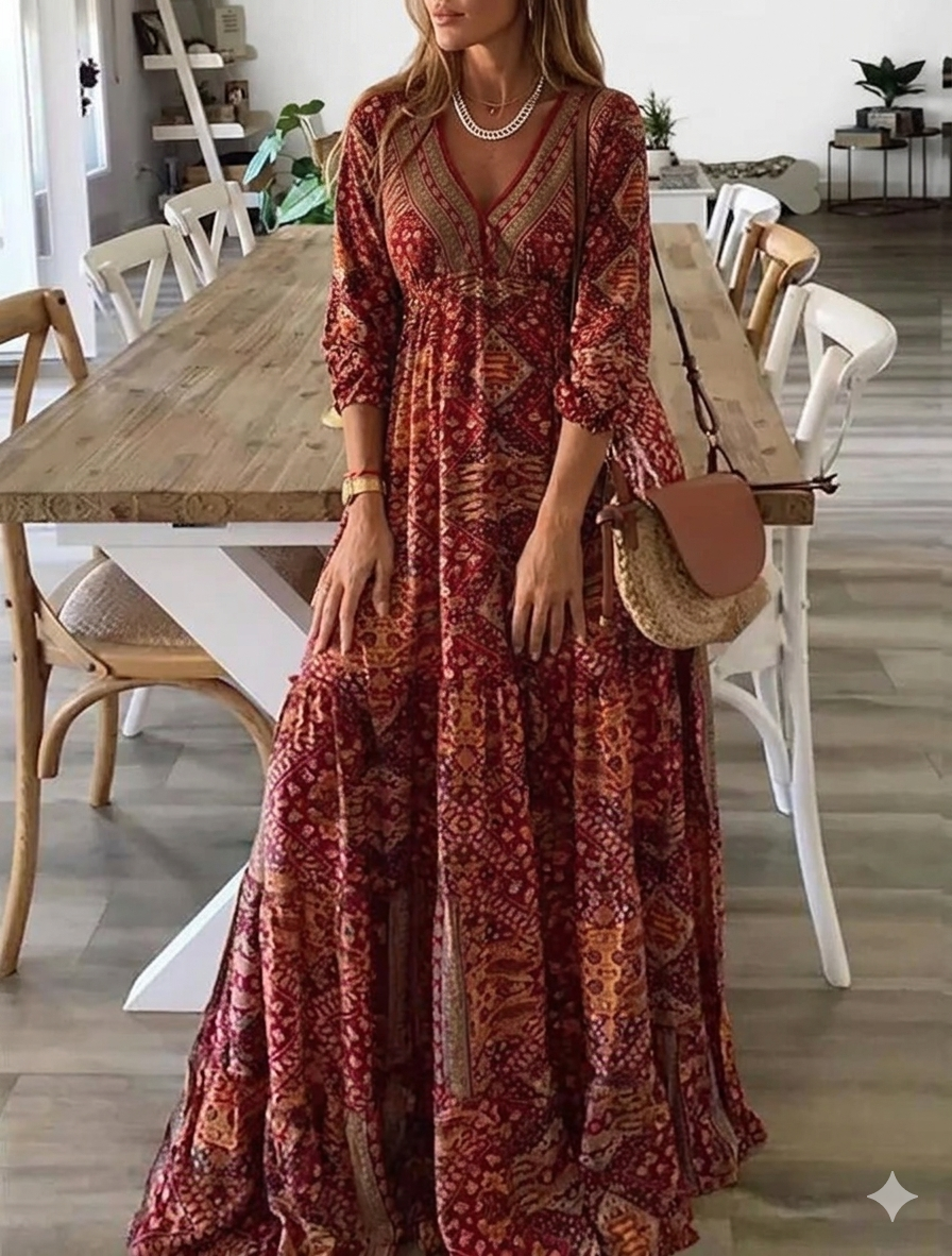 Bettie - Robe Longue À Manches Courtes Et Motif Bohème