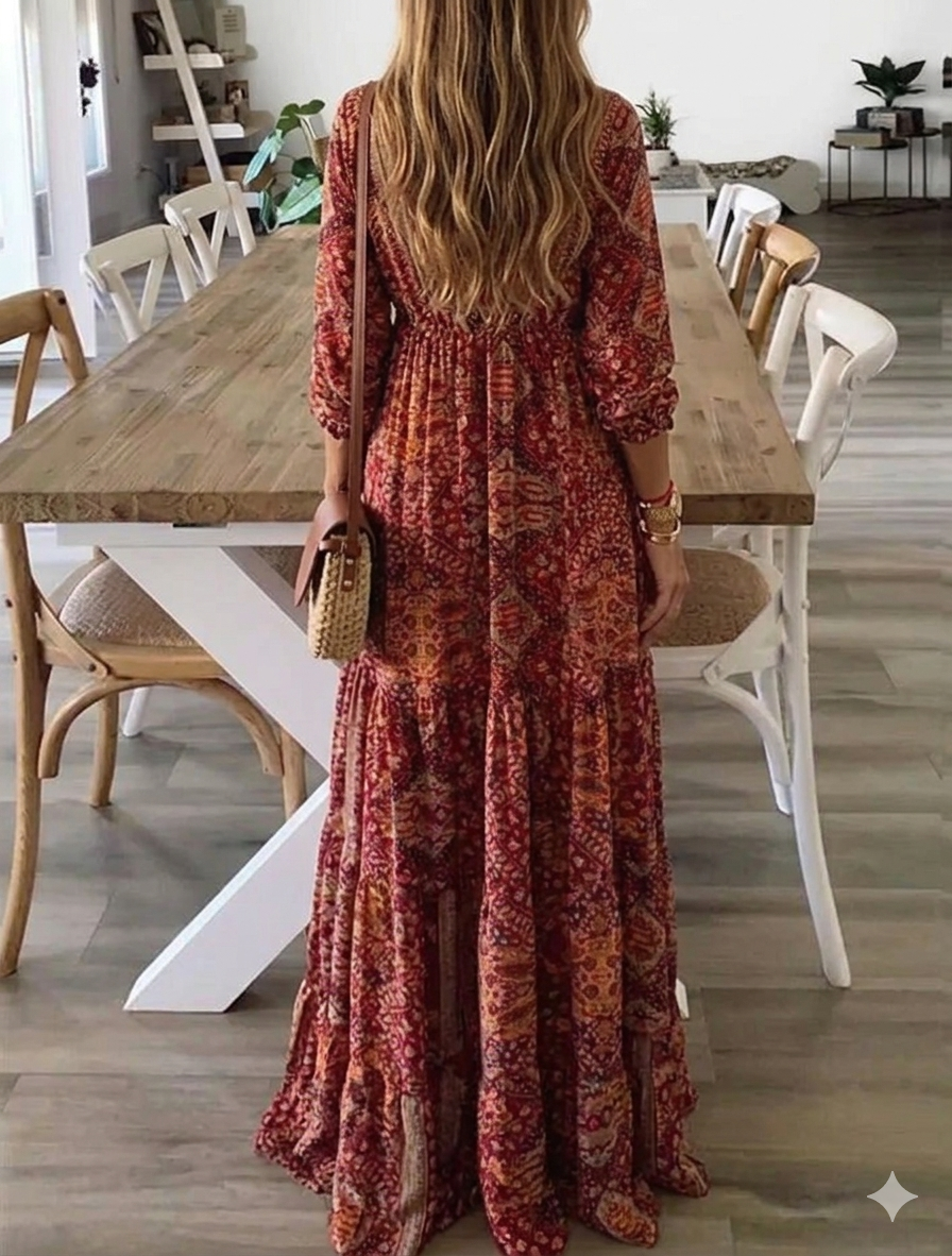 Bettie - Robe Longue À Manches Courtes Et Motif Bohème