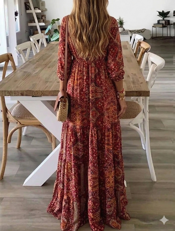 Bettie - Robe Longue À Manches Courtes Et Motif Bohème
