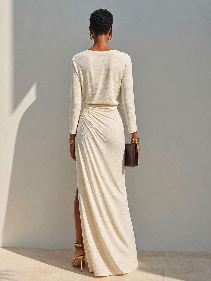Noeza - Robe Longue À Encolure Ronde, Drapée Et Fendue