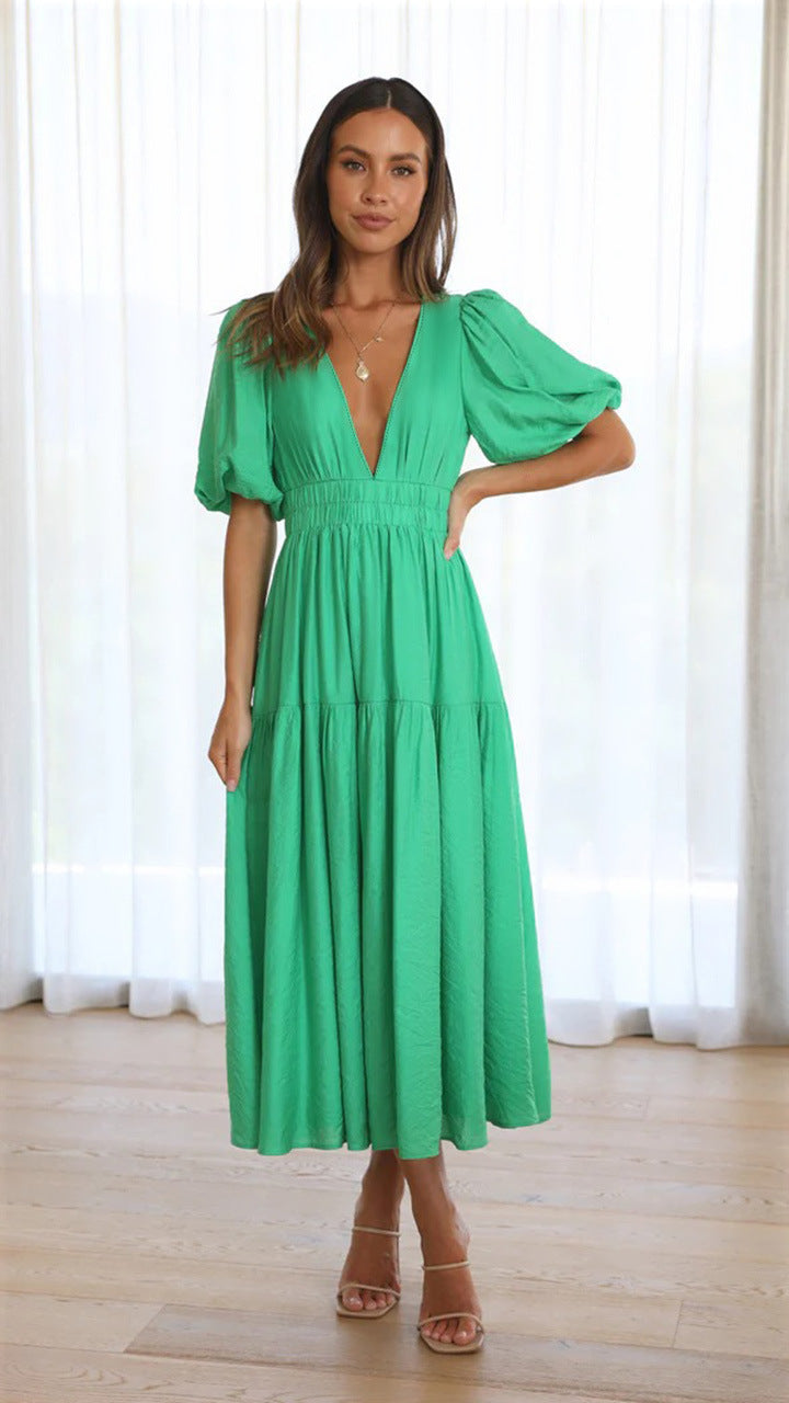 Delphine - Robe Mi longue Élégante À Col en V Et Manches À Volants
