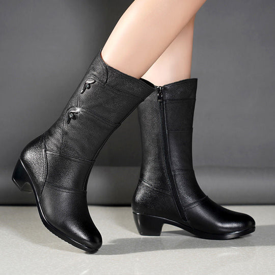 Emmia - Bottes en Cuir à Talon Bloc Bas et Détails Décoratifs