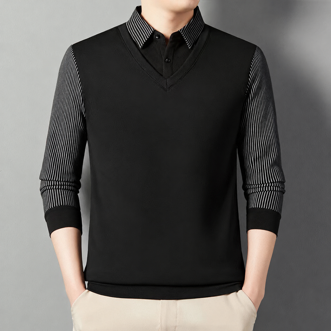 Pedroo - Pull À Manches Rayées Et Col Chemise Boutonné