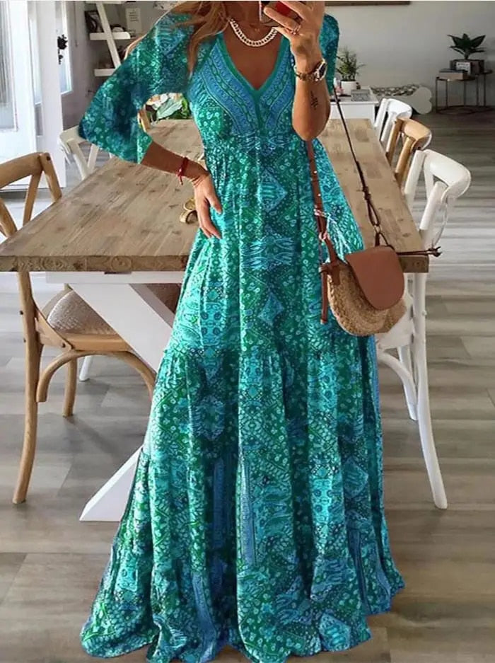 Bettie - Robe Longue À Manches Courtes Et Motif Bohème