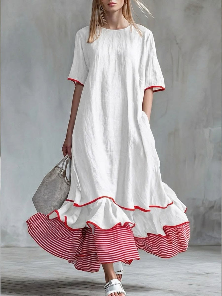 Behice - Robe Longue À Manches Courtes Et Volants Rayés Rouges