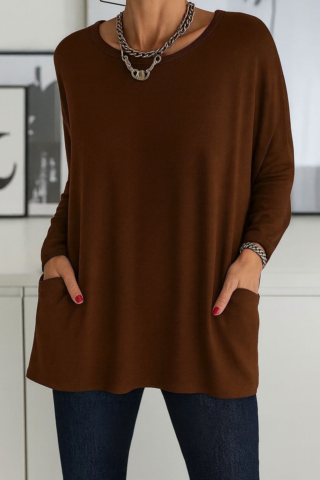 Noryn - Pull Oversize à col Rond et Poches