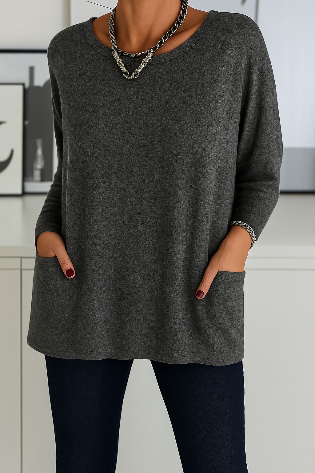 Noryn - Pull Oversize à col Rond et Poches