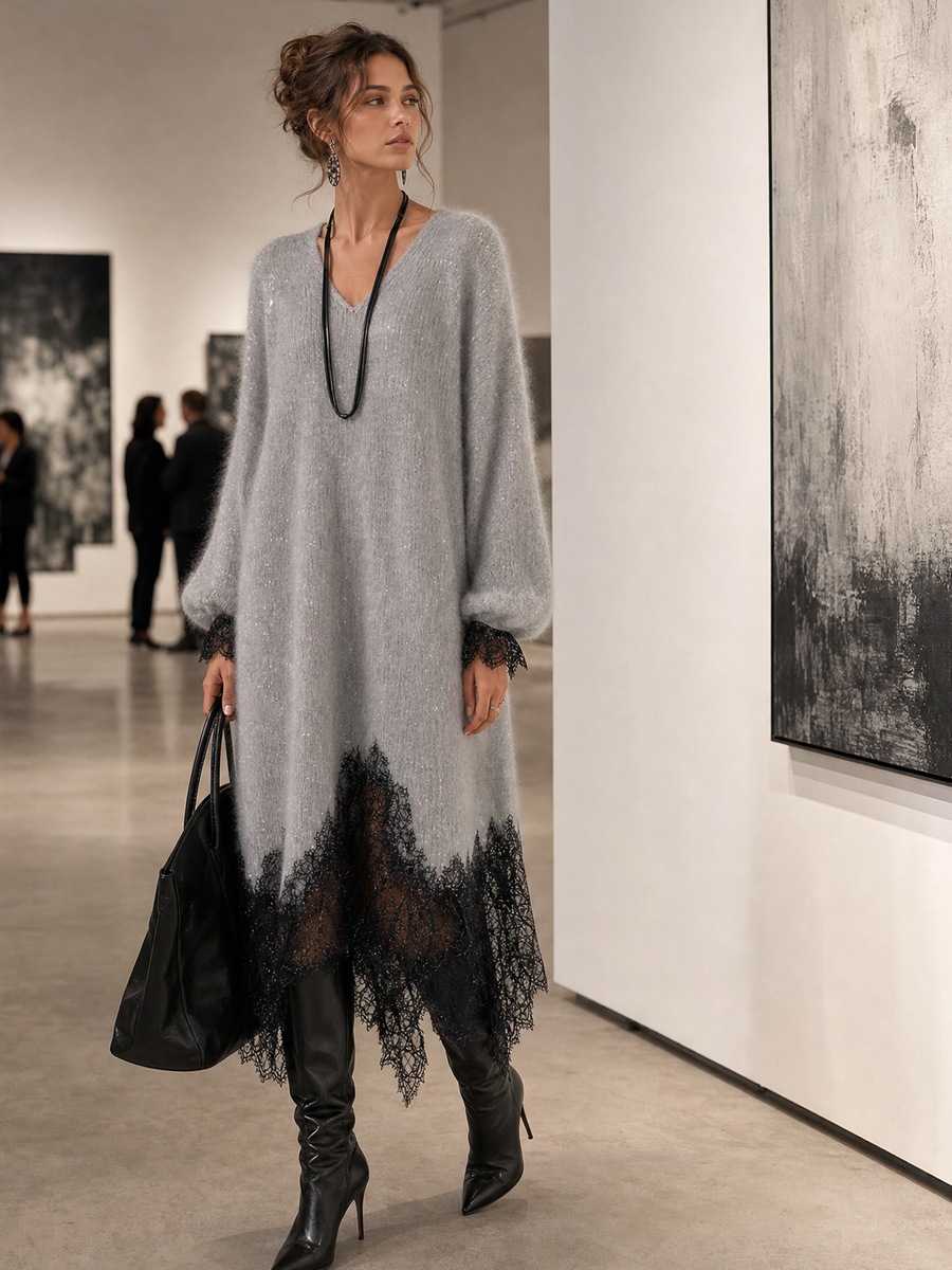 Samyra - Robe Midi en Maille Avec De La Dentelle