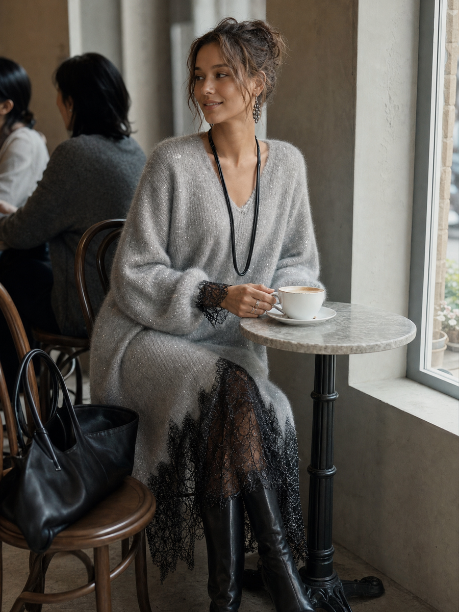 Samyra - Robe Midi en Maille Avec De La Dentelle