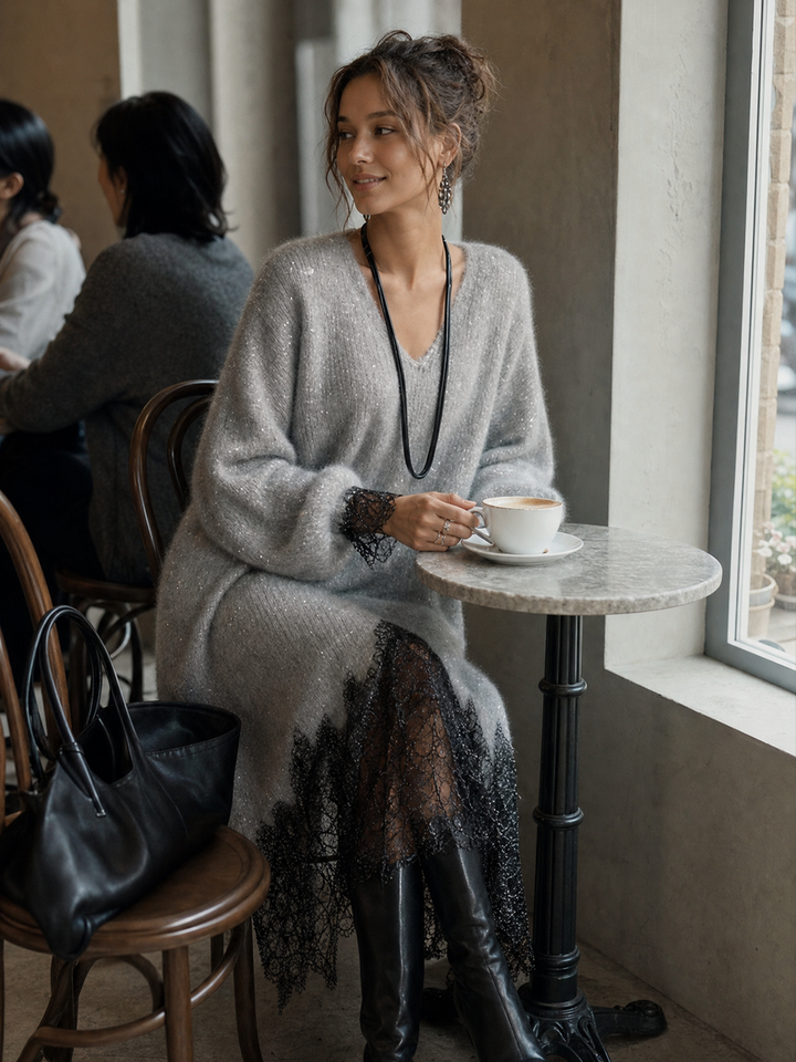 Samyra - Robe Midi en Maille Avec De La Dentelle