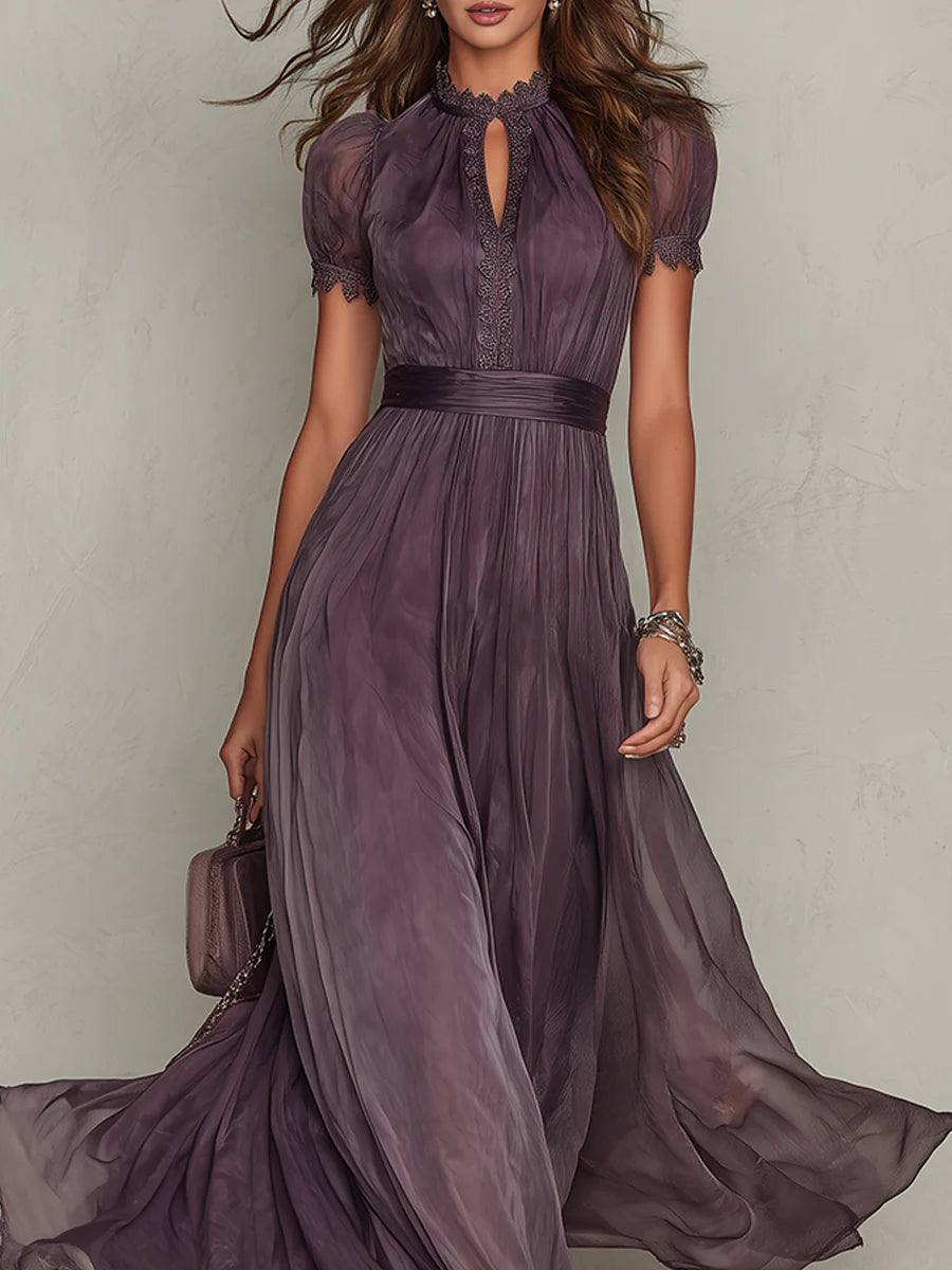 Cynthy - Robe longue Fluide Couleur Prune avec Dentelle