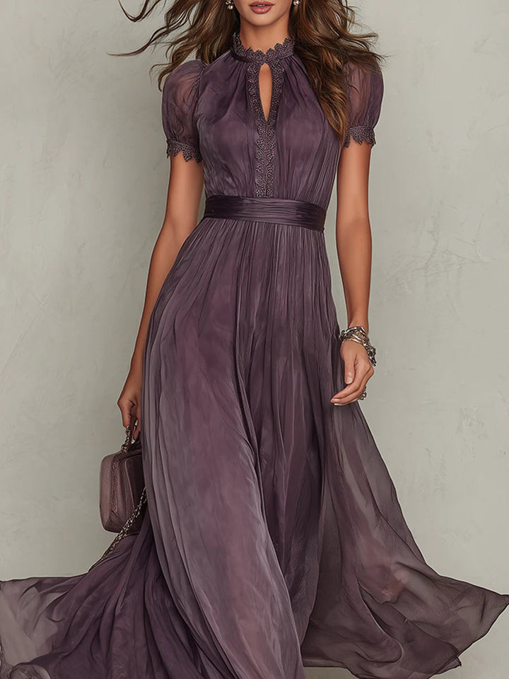 Cynthy - Robe longue Fluide Couleur Prune avec Dentelle