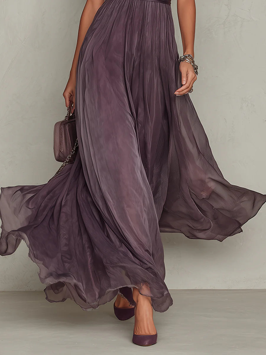 Cynthy - Robe longue Fluide Couleur Prune avec Dentelle