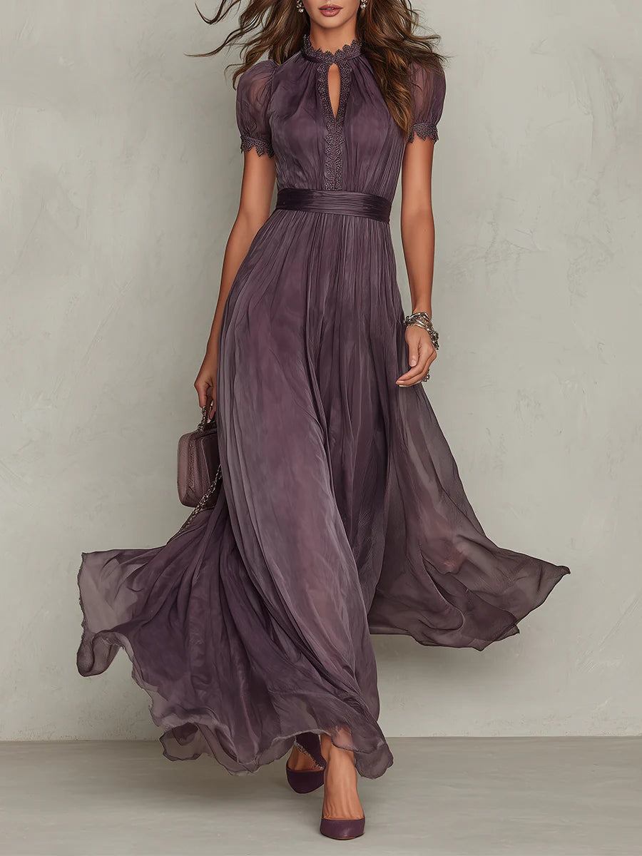 Cynthy - Robe longue Fluide Couleur Prune avec Dentelle