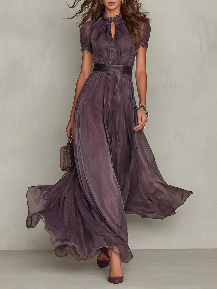 Cynthy - Robe longue Fluide Couleur Prune avec Dentelle