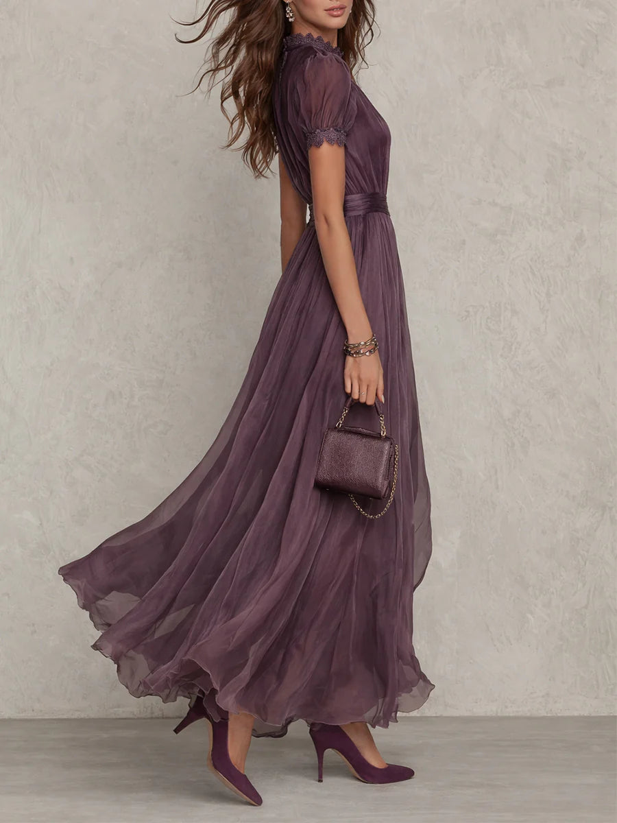 Cynthy - Robe longue Fluide Couleur Prune avec Dentelle