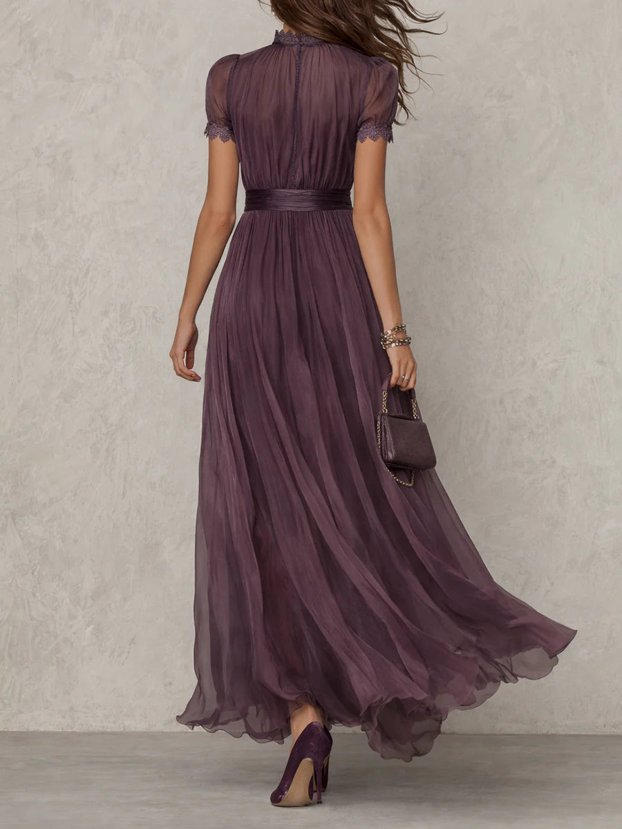 Cynthy - Robe longue Fluide Couleur Prune avec Dentelle