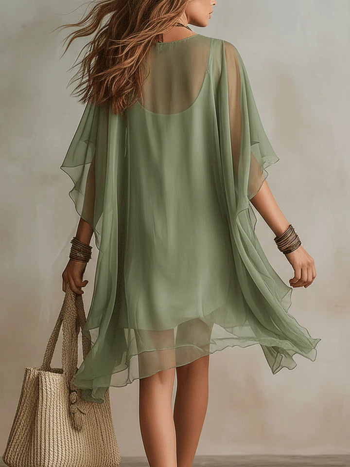 Sadet - Mini-robe en Mousseline Couleur Sauge À Encolure en V