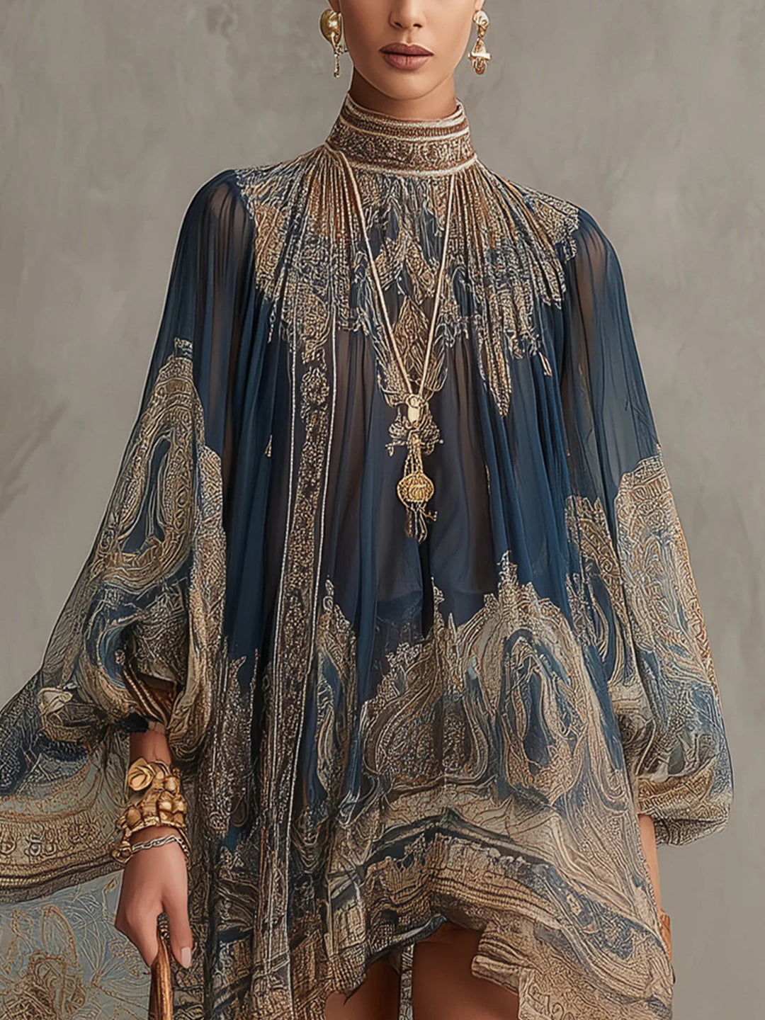 Rhean - Mini-robe en Mousseline À Imprimé Baroque Doré