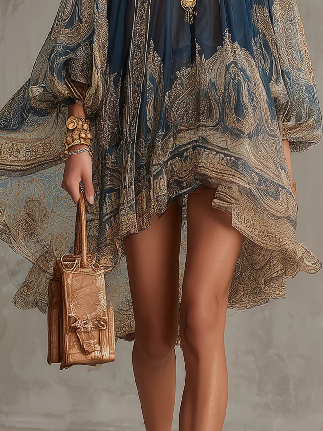Rhean - Mini-robe en Mousseline À Imprimé Baroque Doré