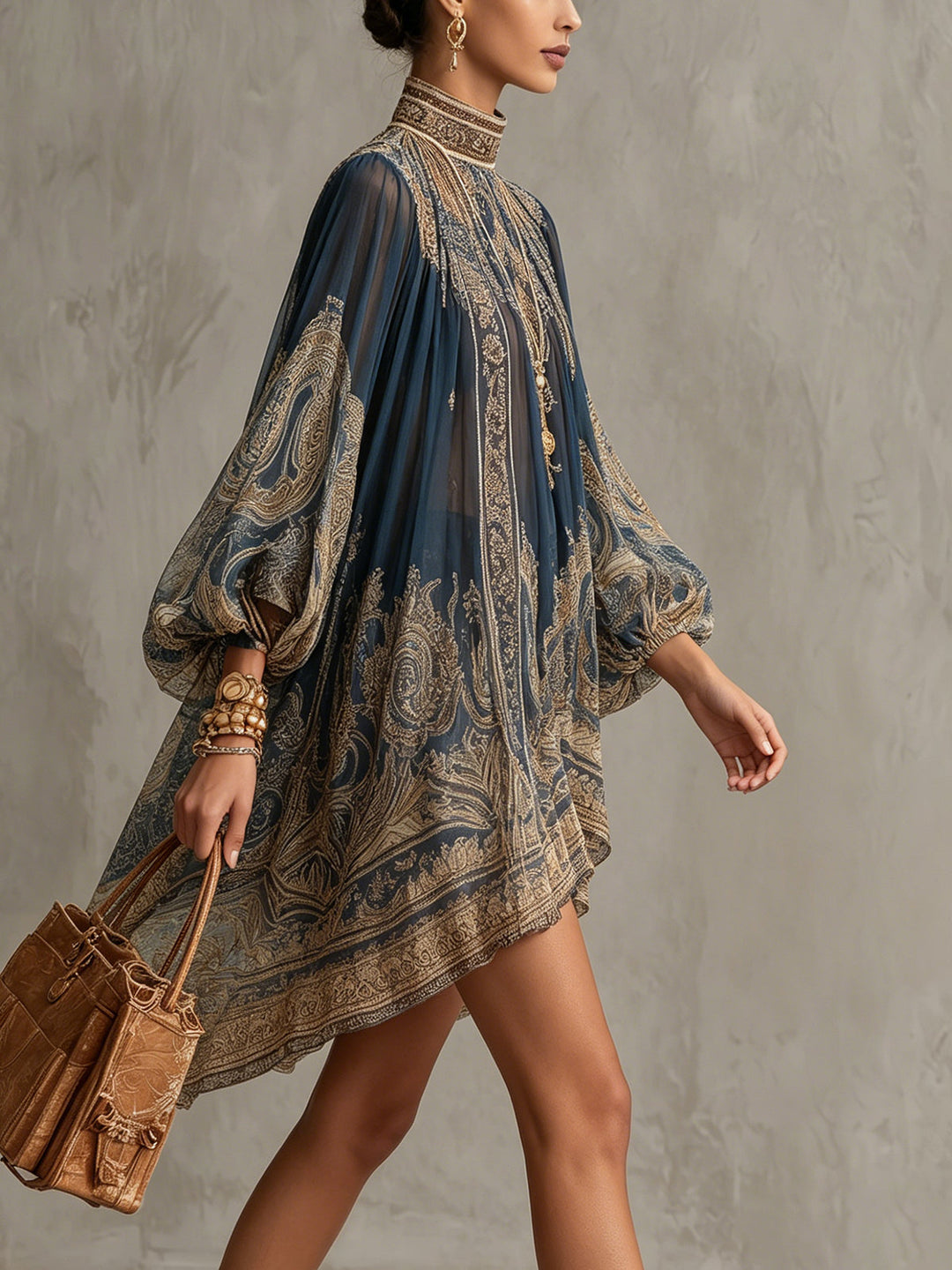 Rhean - Mini-robe en Mousseline À Imprimé Baroque Doré