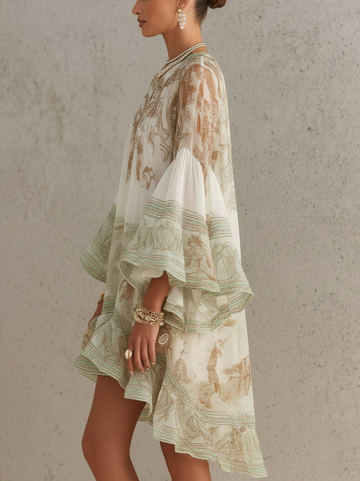 Reba - Mini-robe en Mousseline À Imprimé Baroque Et Volants en Cascade