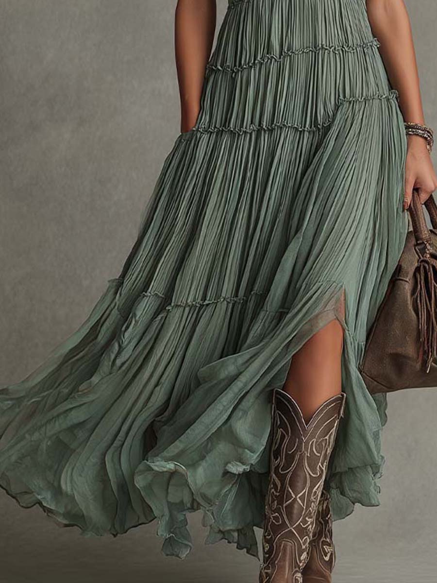 Sirikun - Robe Longue en Mousseline Plissée Vert Sauge À Encolure en V