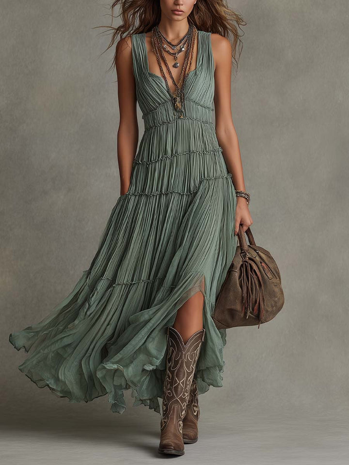 Sirikun - Robe Longue en Mousseline Plissée Vert Sauge À Encolure en V