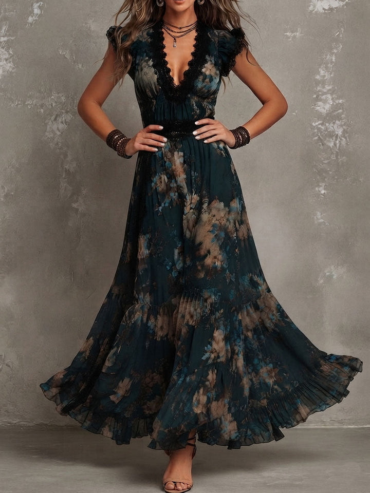 Alime - Robe Longue À Bordures en Dentelle Et Motif Floral