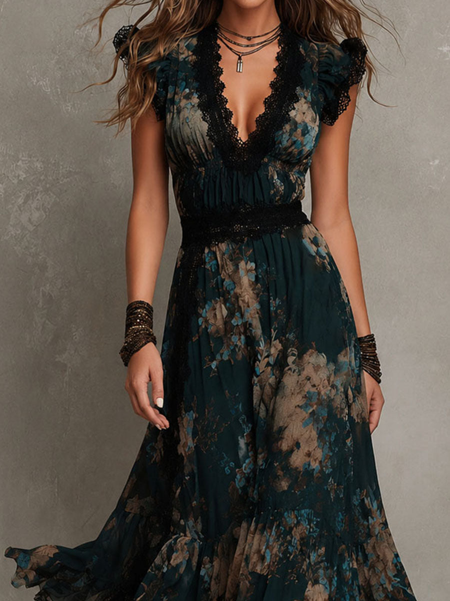 Alime - Robe Longue À Bordures en Dentelle Et Motif Floral
