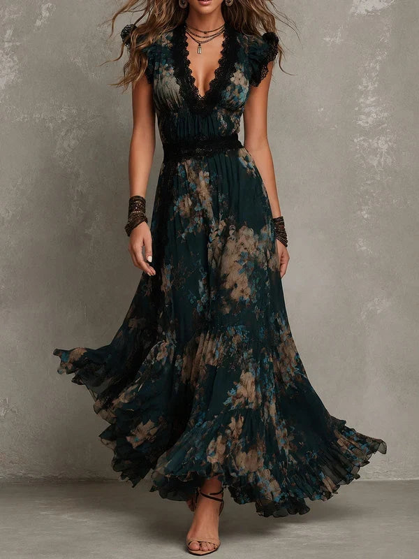 Alime - Robe Longue À Bordures en Dentelle Et Motif Floral