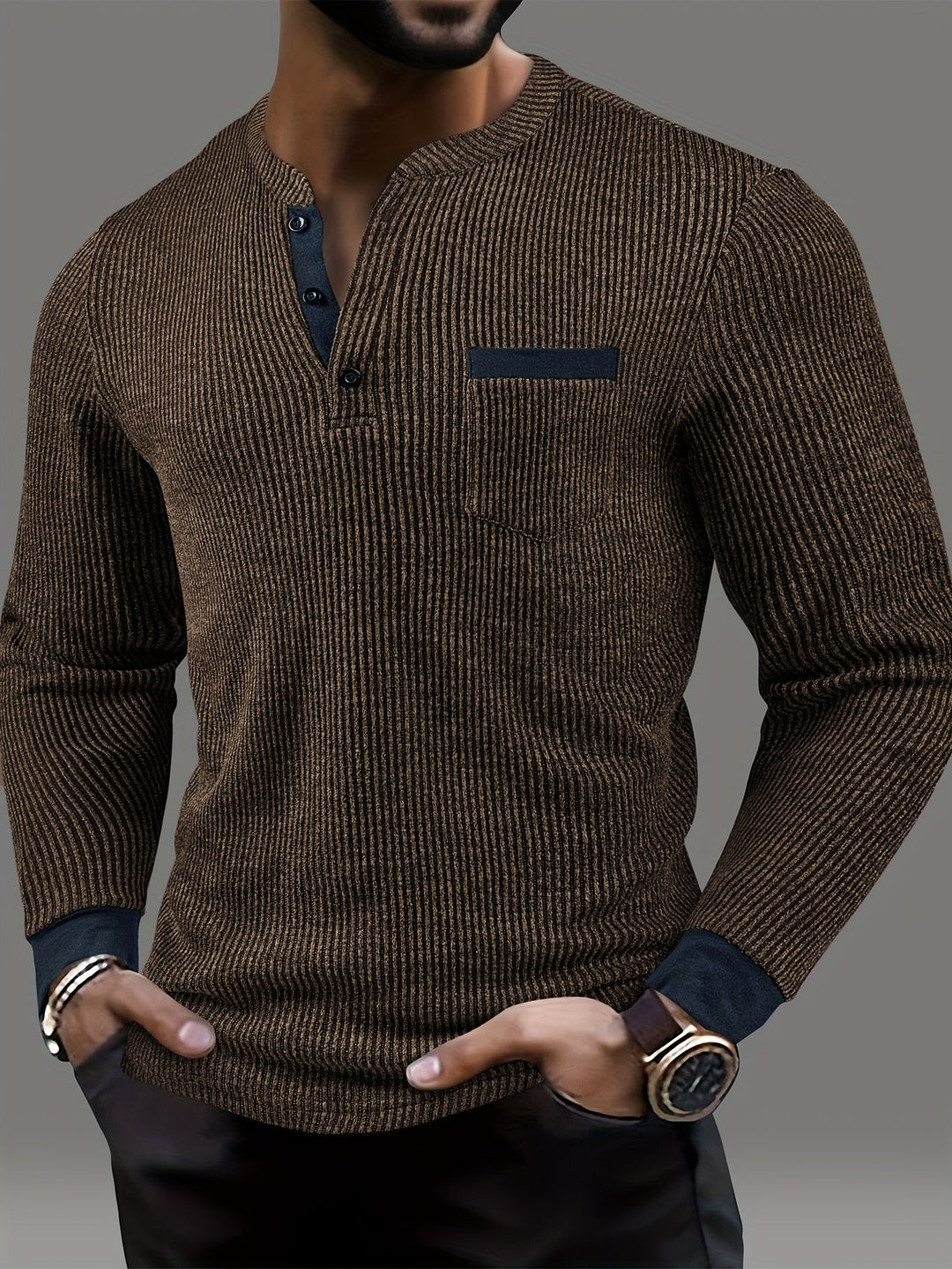 Deegan - Chemise Henley À Manches Longues Et Col Rayé Texturé