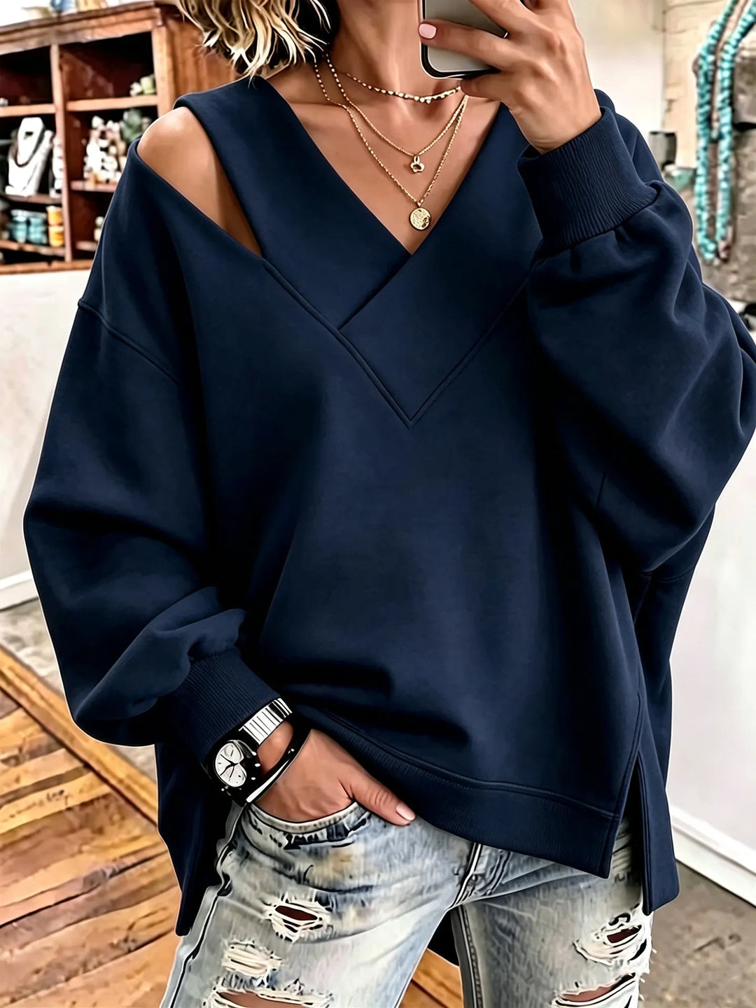 Kirstan - Sweat Oversize Chic à Encolure en V Ajourée
